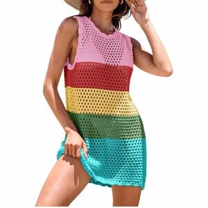 Rainbow Crochet Colorblock Open Back Dress Size M
